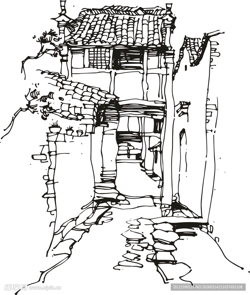 古巷民居线描图