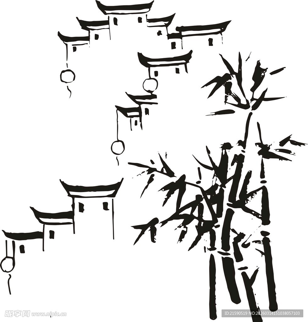 水墨风中式建筑与翠竹