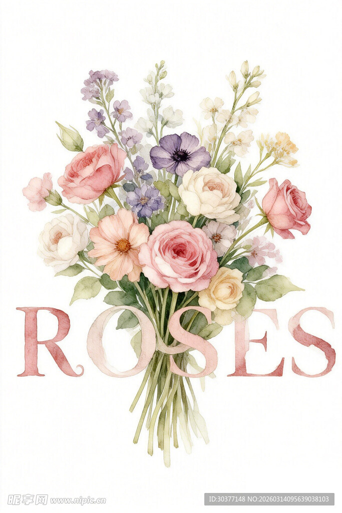 手绘多彩玫瑰花束插画