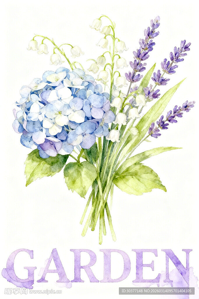 水彩绘花园花卉组合