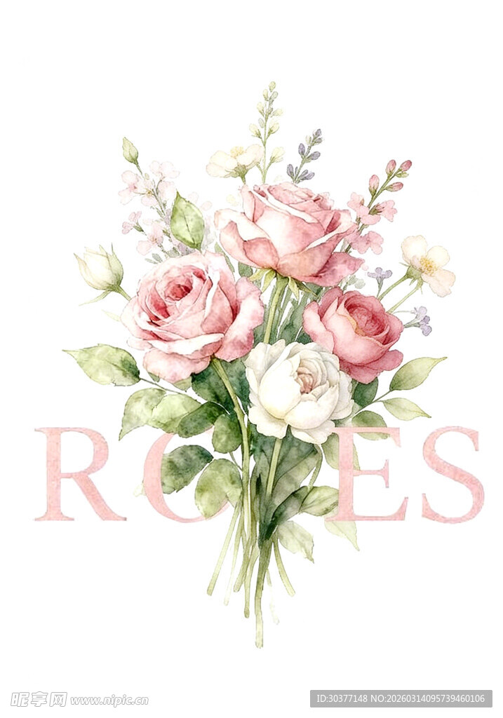 手绘粉色系玫瑰花束