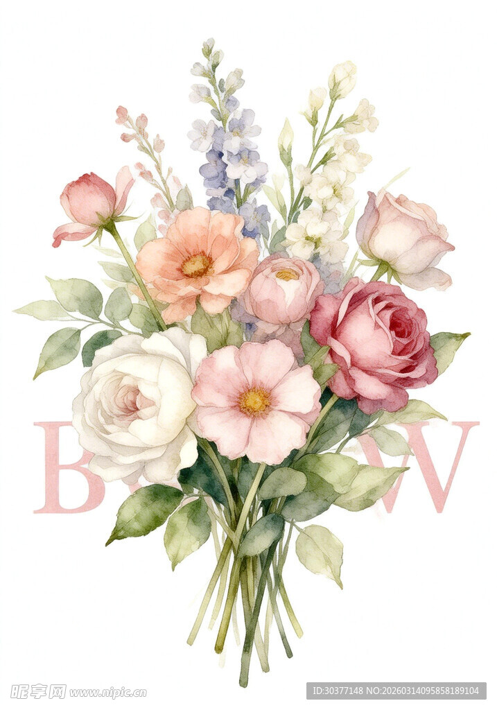 手绘粉色系花卉花束