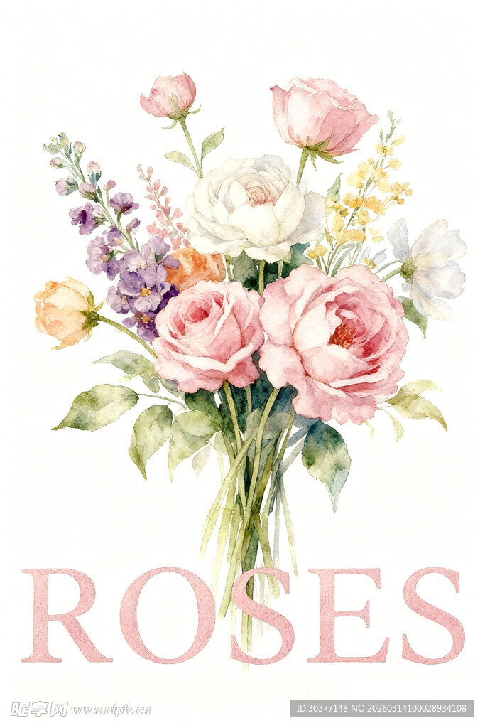 手绘多彩玫瑰花束插画
