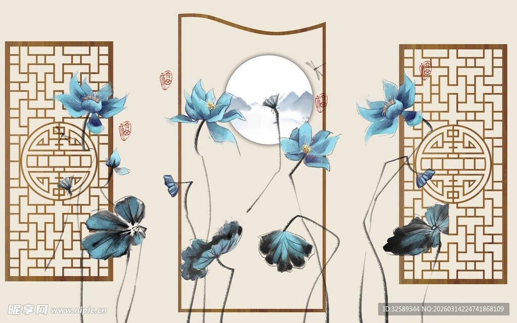 中式蓝调荷花屏风装饰画