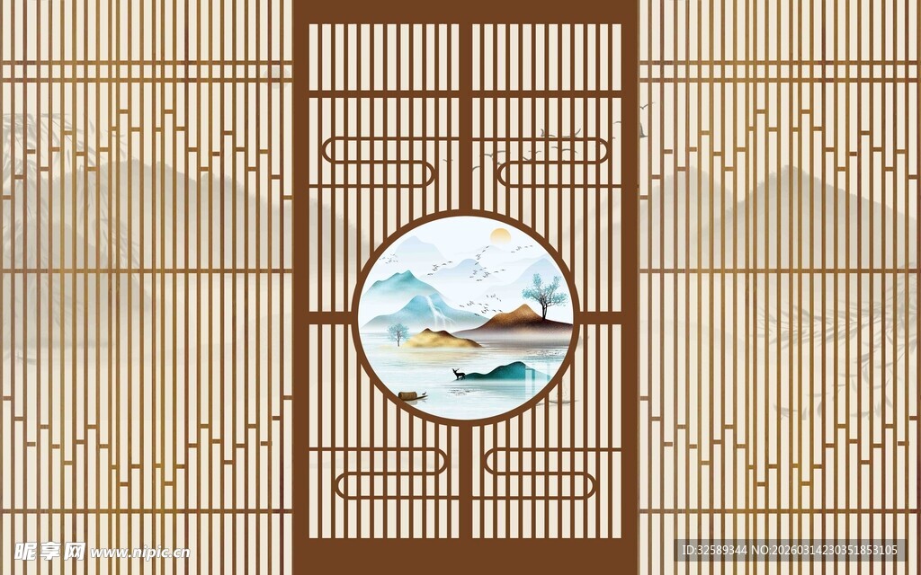 中式窗棂山水装饰图案