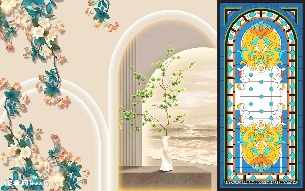 复古花卉拱门装饰图案