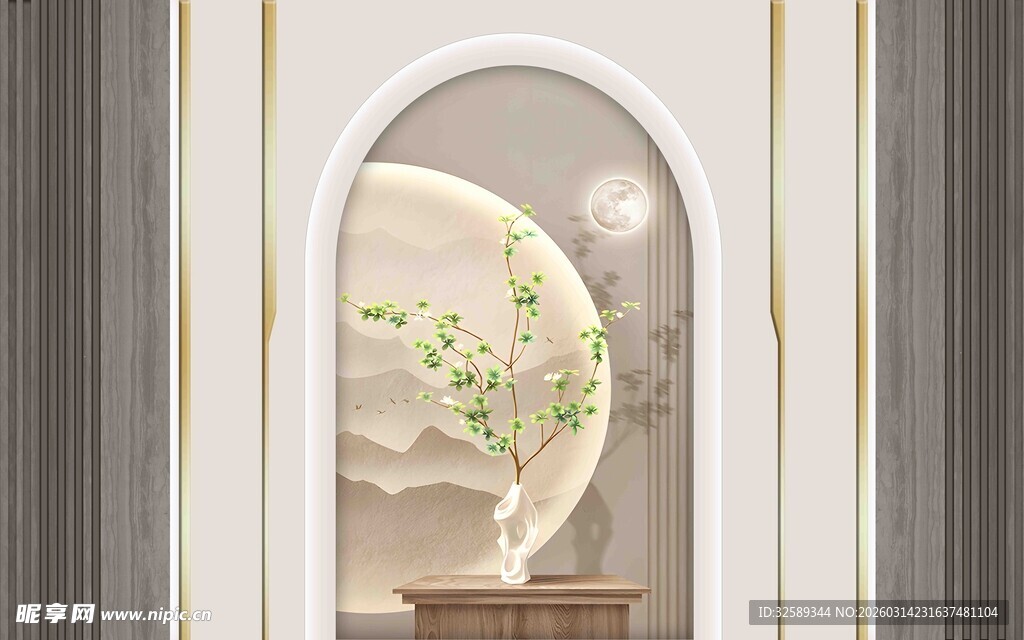 中式拱门内的雅致景观