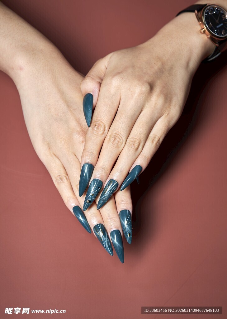 蓝黑美甲的优雅女性双手