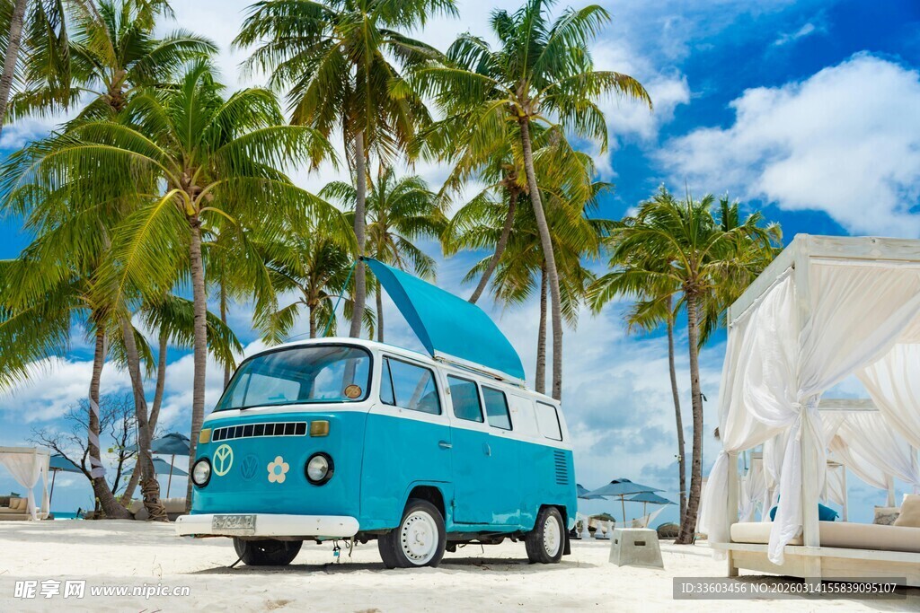 蓝巴士停在椰树沙滩旁