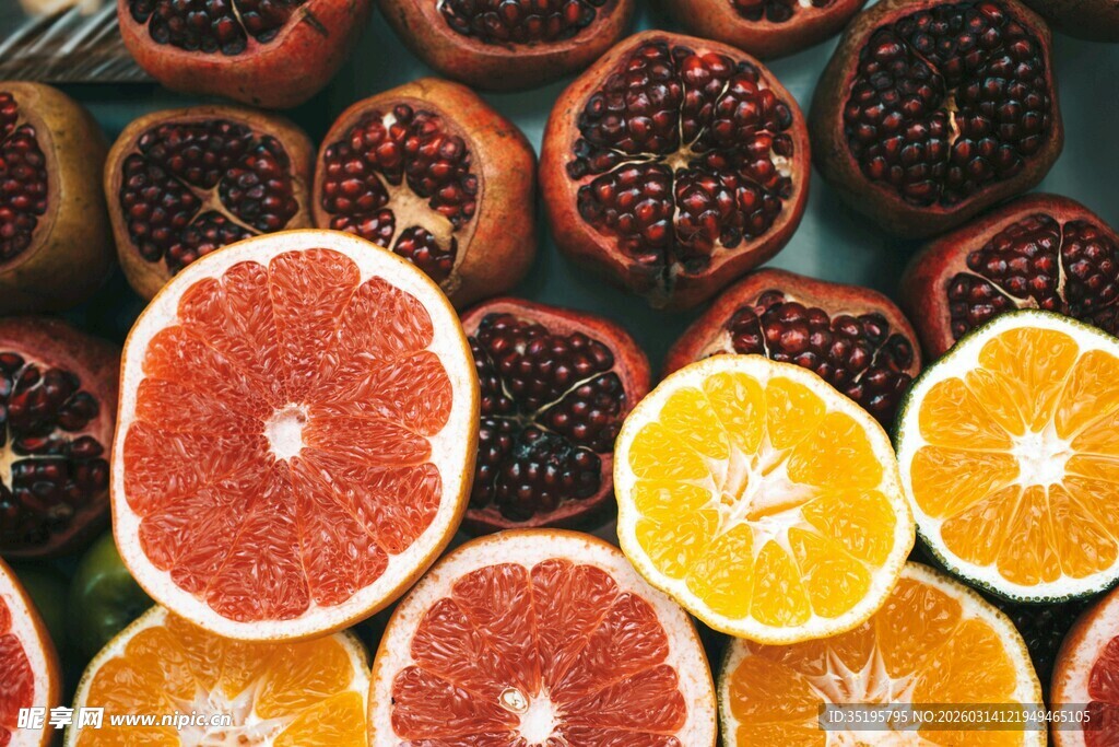 多彩柑橘类水果切片展示