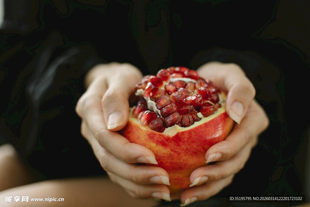 双手捧起鲜红多汁的石榴