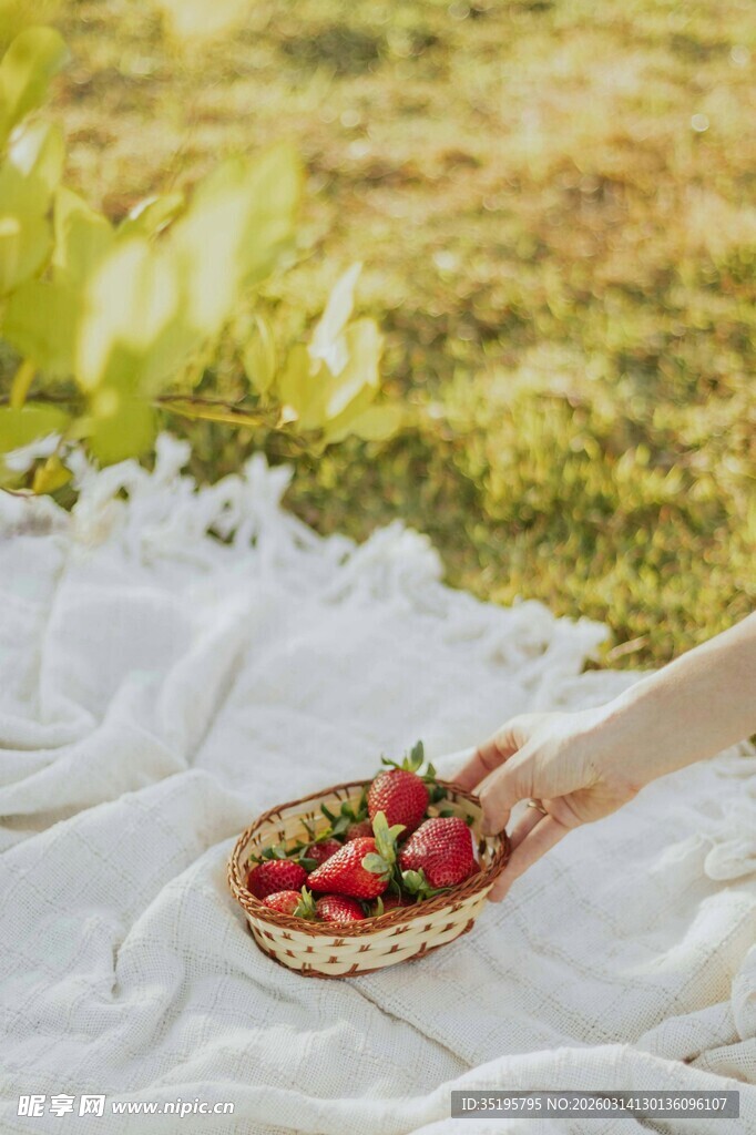 手捧草莓篮于野餐布上