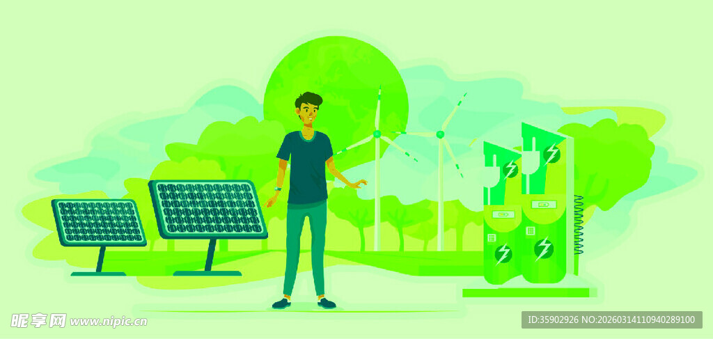 男子置身绿色环保场景中