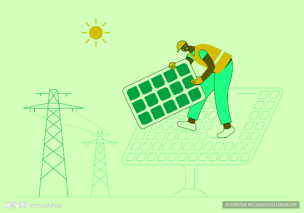 工人安装太阳能板场景