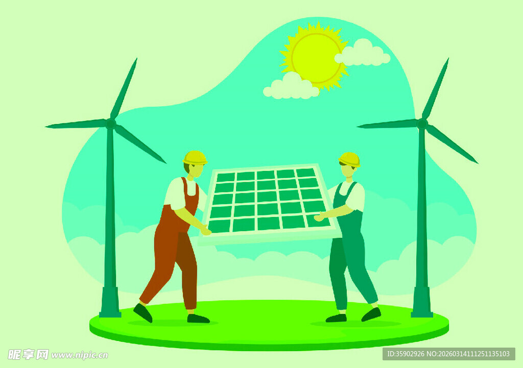 两人搬运太阳能板与风机