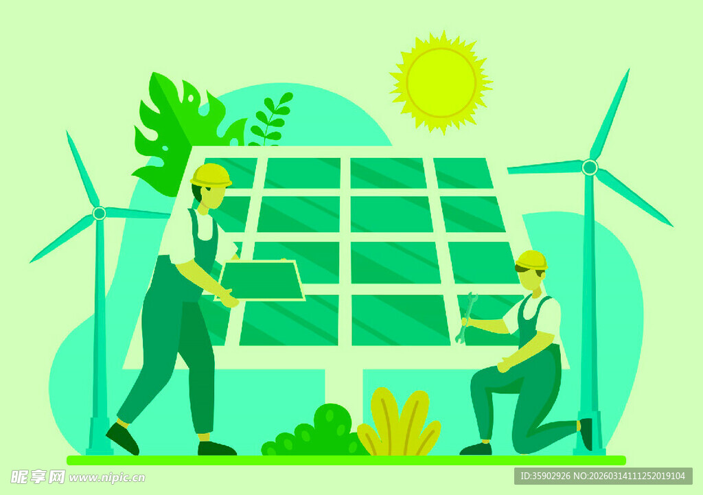 工人安装太阳能与风力设备