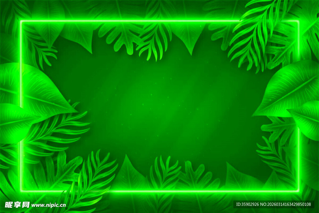绿色霓虹边框与植物背景