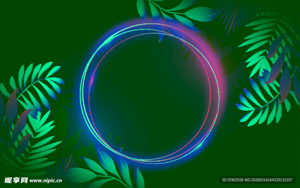 霓虹圆环与绿叶装饰背景