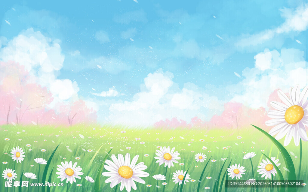 春日雏菊盛放的美丽草地