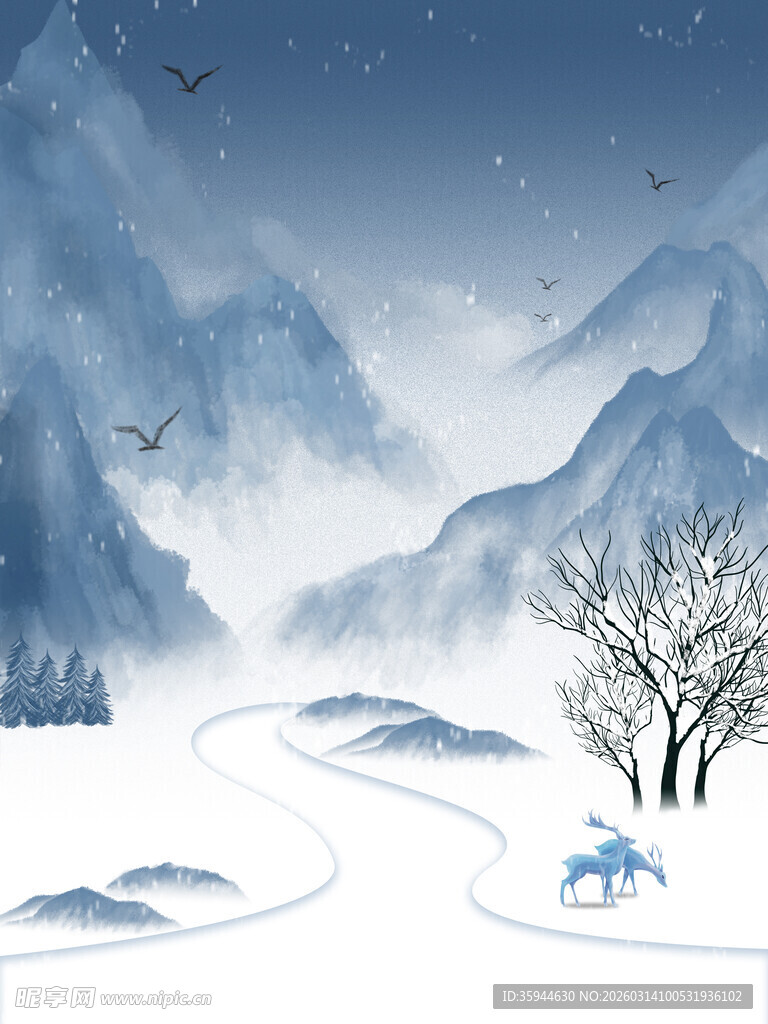 冬日雪山下的静谧风景