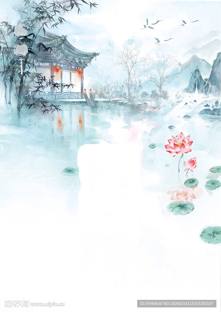 水墨江南湖畔亭阁美景