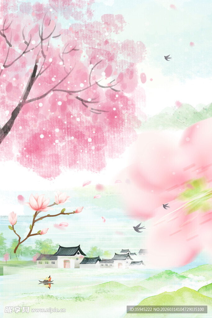 春日烂漫桃花山水图景