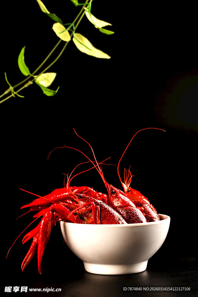 碗中红亮小龙虾配绿枝