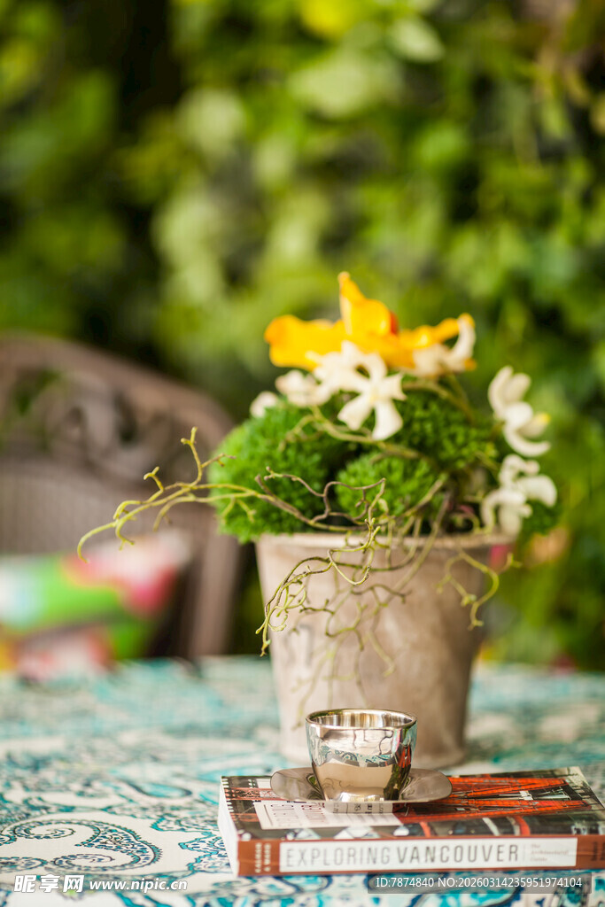 复古花盆中的清新花卉组合