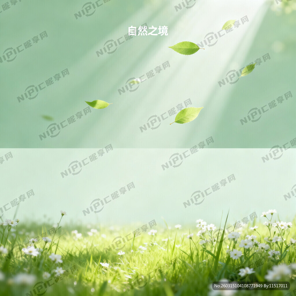 绿色背景 有光束  有几片树叶