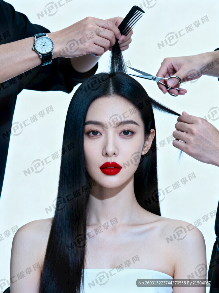 只看到理发师的手拿剪刀在帮一个