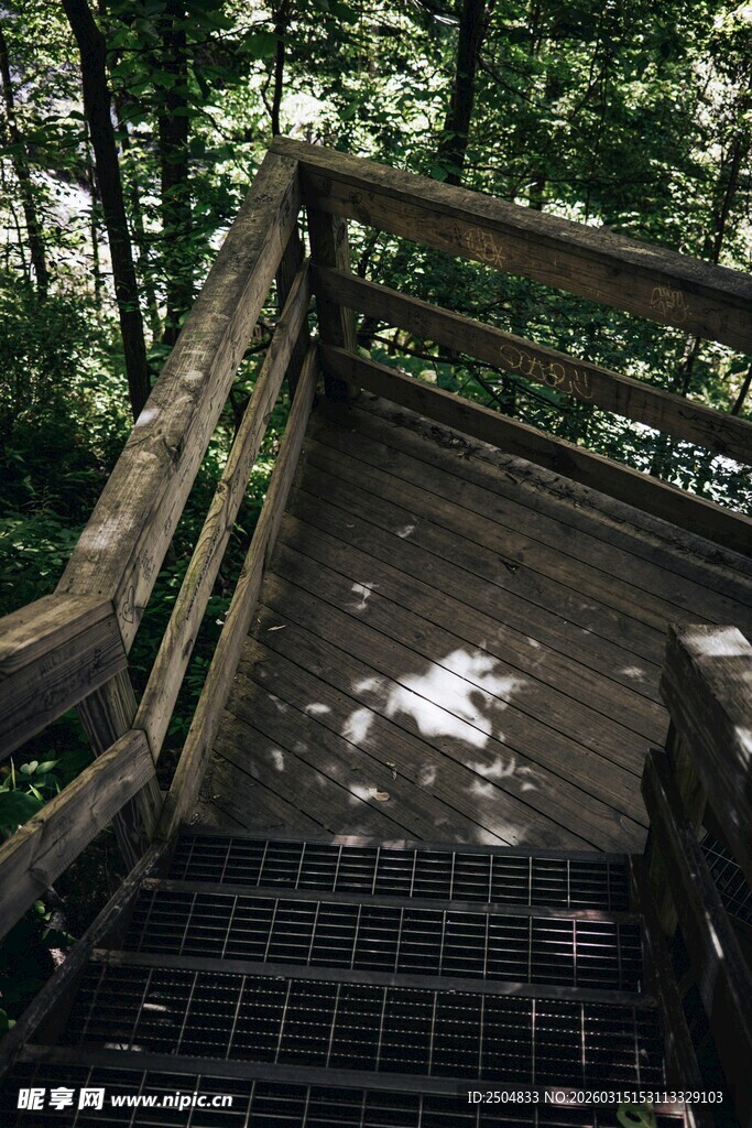 林间木质观景平台楼梯