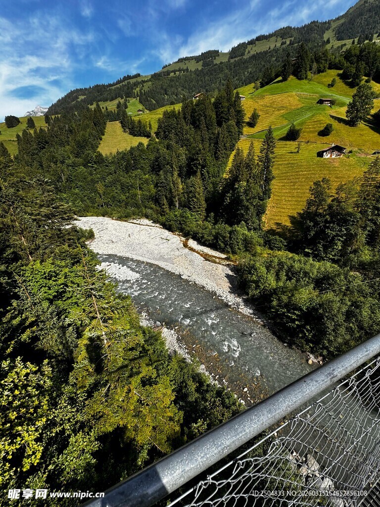 山间吊桥旁的秀丽自然景观