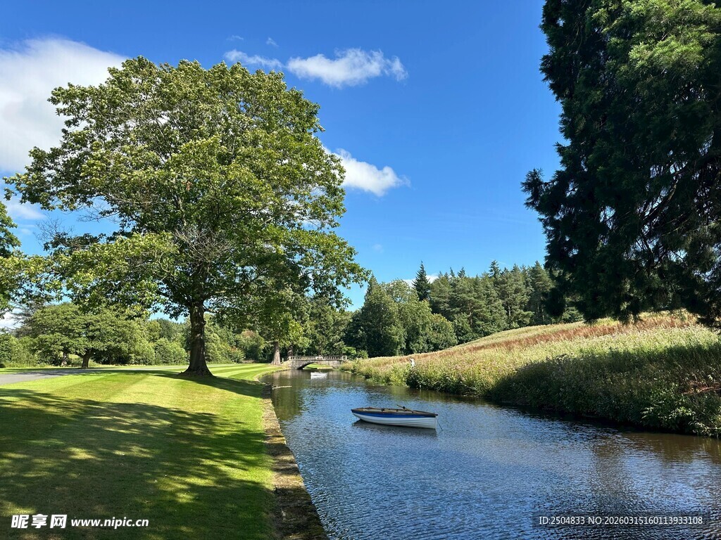 河畔小船旁的静谧风光