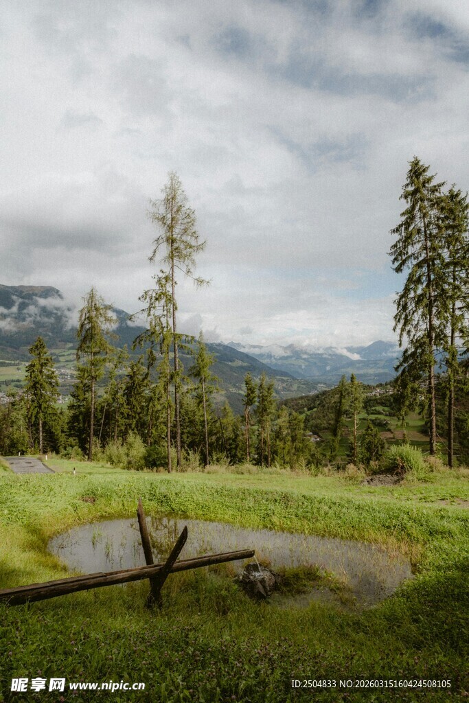 山间静谧小湖与葱郁树木