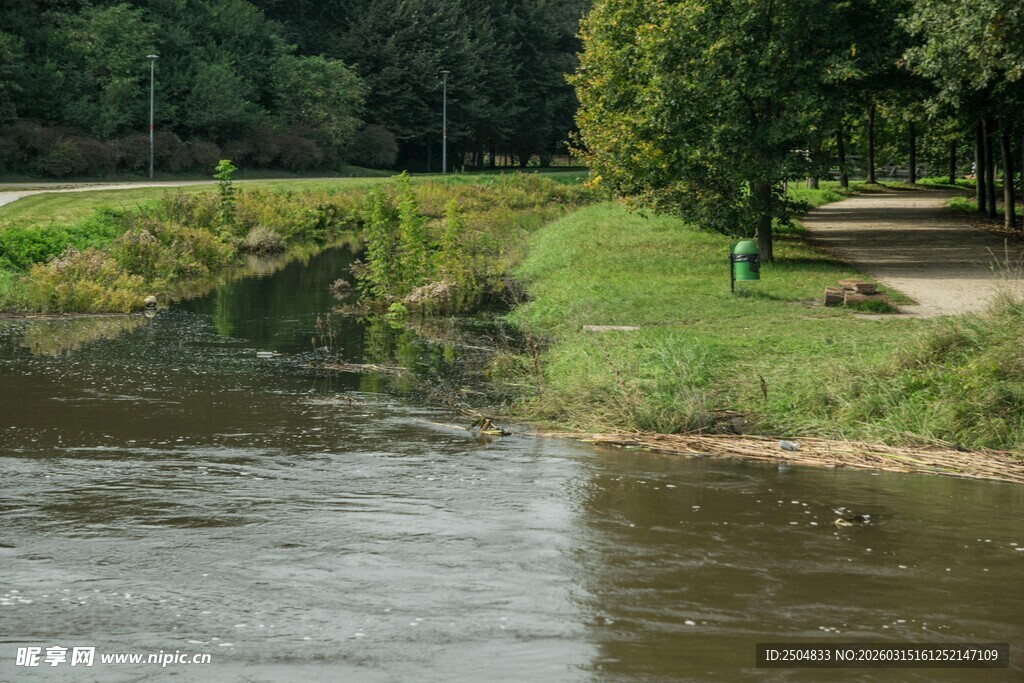 河畔绿意盎然的自然景致