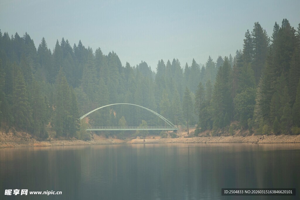 湖畔森林中的拱形桥梁