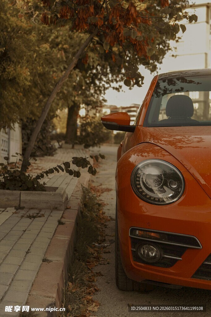 秋日街头的橙色时尚汽车