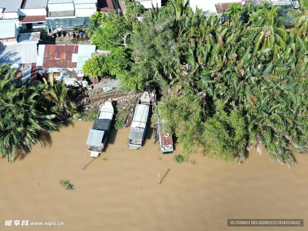 河畔小船与繁茂绿植景观