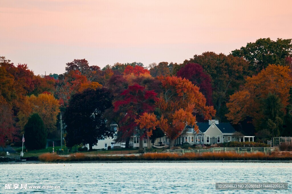 湖畔秋景 多彩树林与小屋