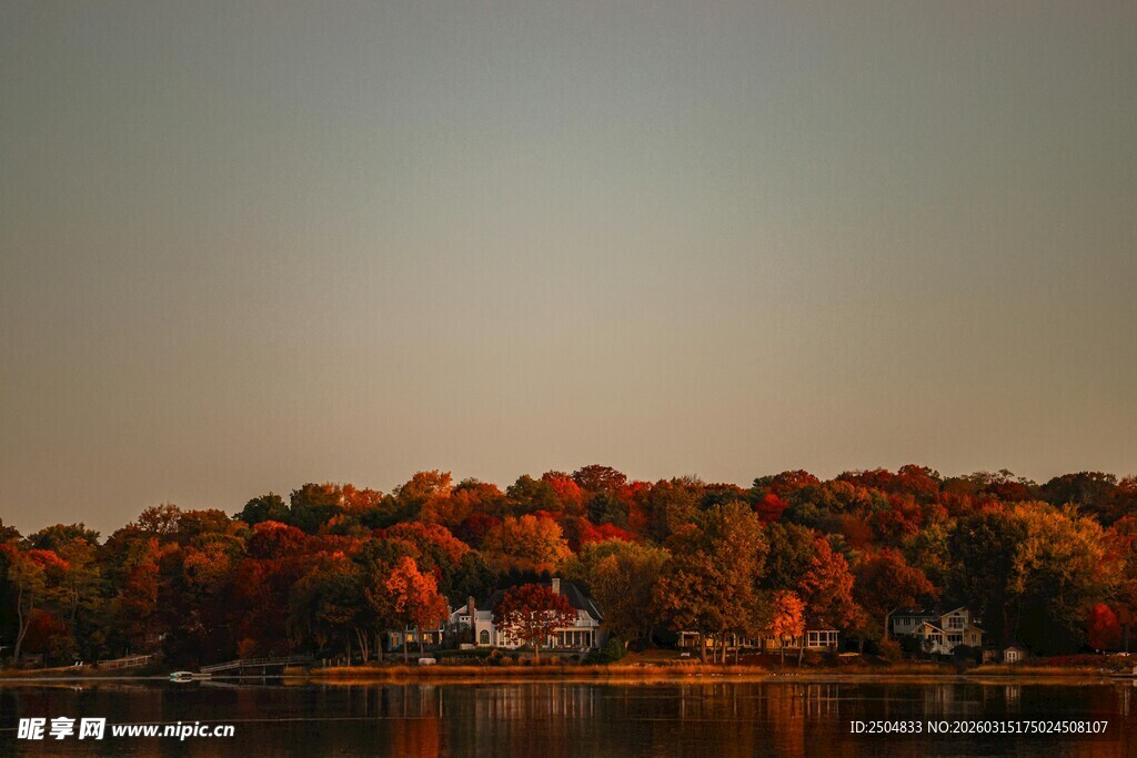 秋日湖畔斑斓树林景色