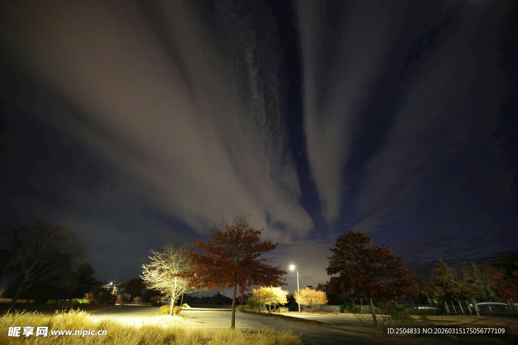 夜中光束下的静谧场景