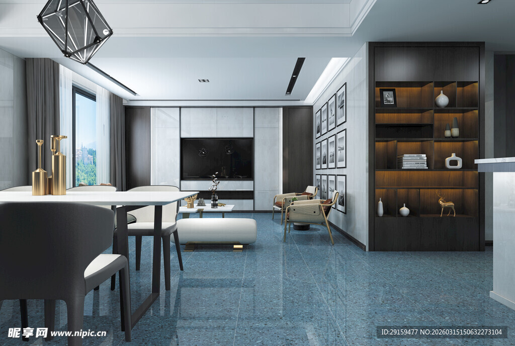 现代简约风客厅餐厅全景