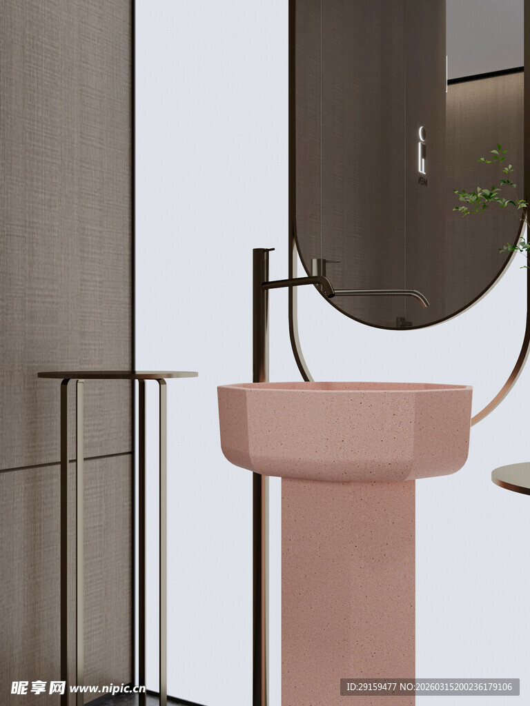 粉色立柱洗手盆与镜搭配