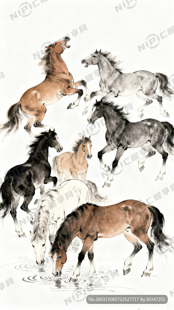 纯白底八骏全图