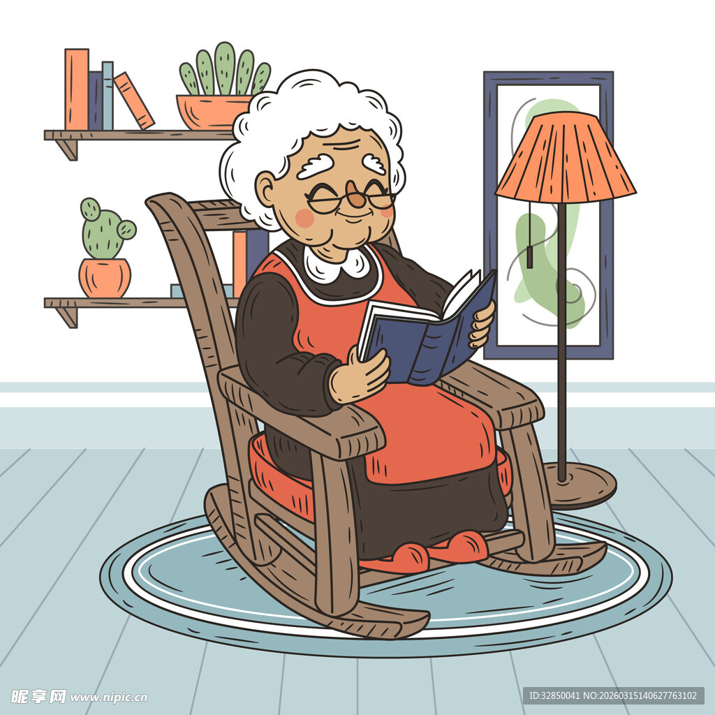 老奶奶惬意摇椅上读书