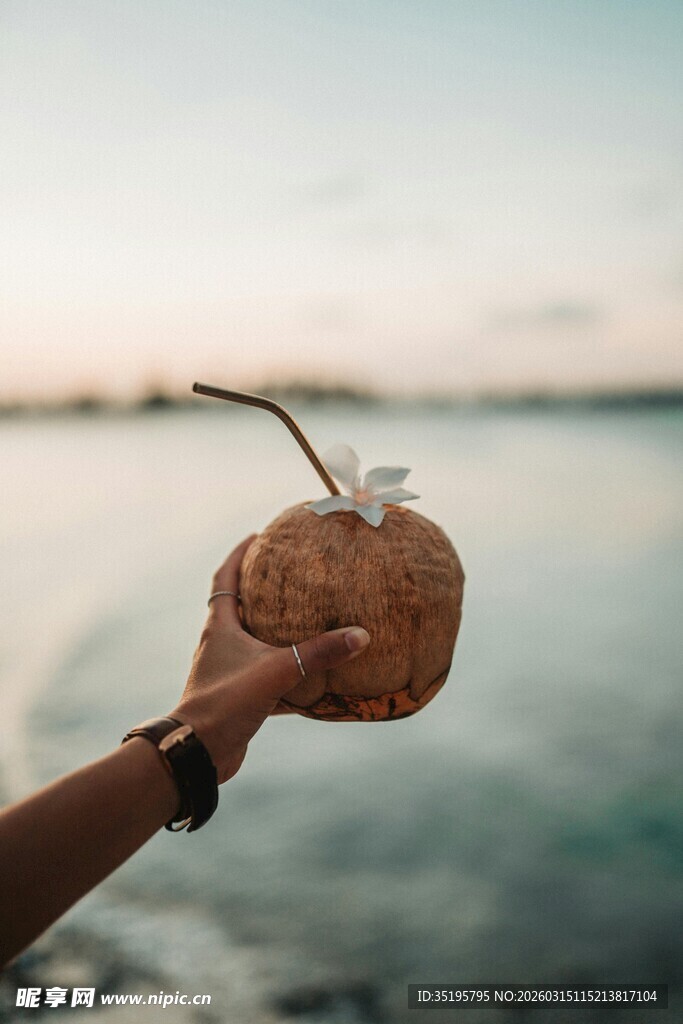 手持椰子于海边美景