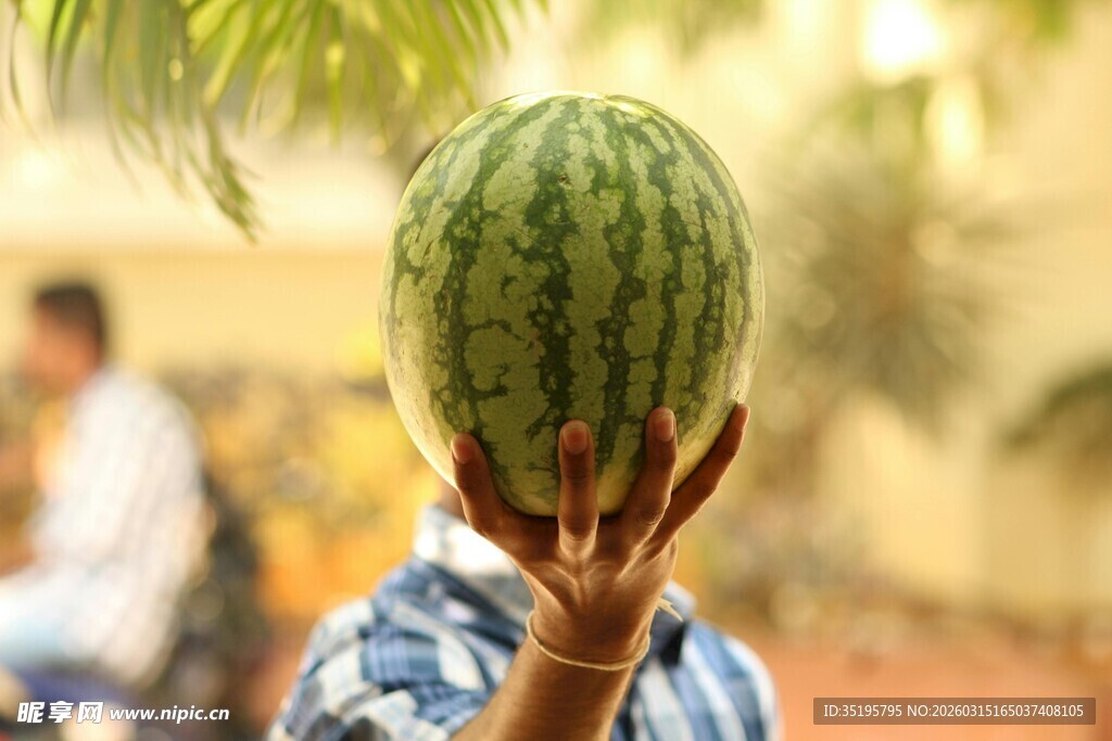 小孩头顶西瓜趣味瞬间