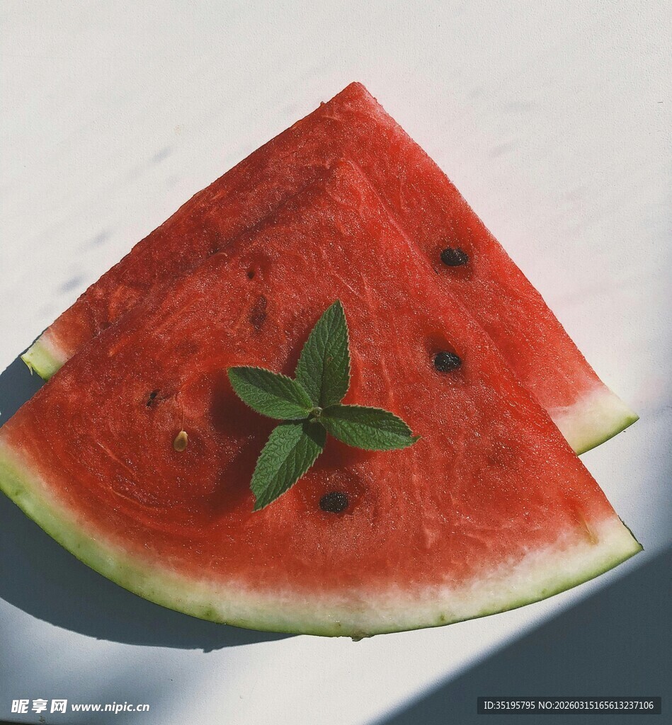 两片西瓜上的清新绿叶