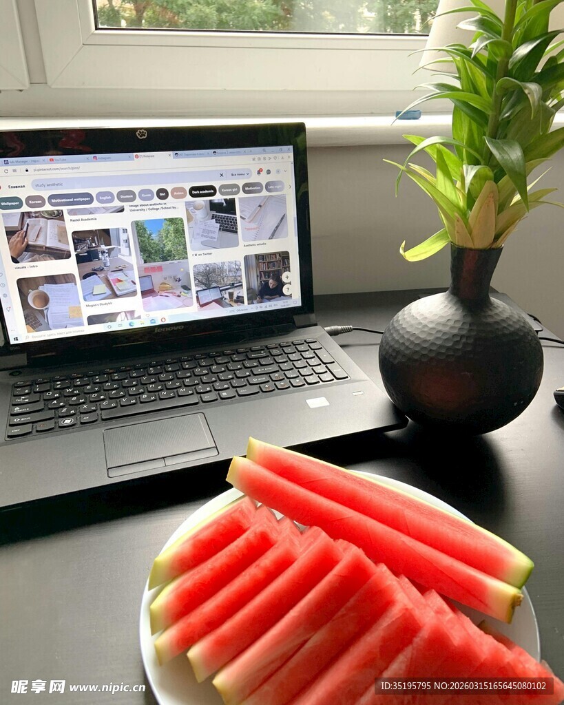 窗边电脑旁的西瓜与绿植