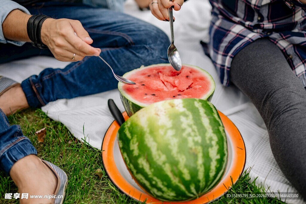 户外野餐享美味西瓜